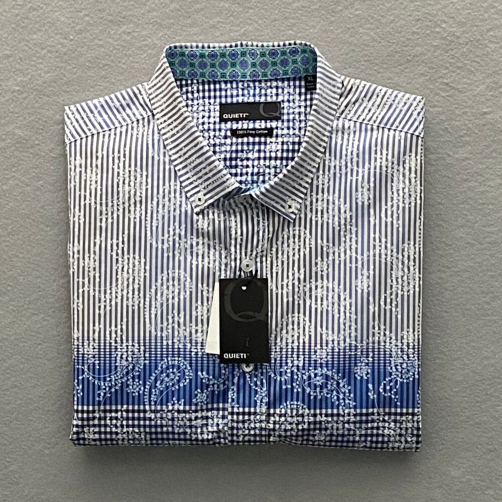 Quieti Men's XL Short Sleeve Button-Down Shirt Blue Stripe Floral Print NEW